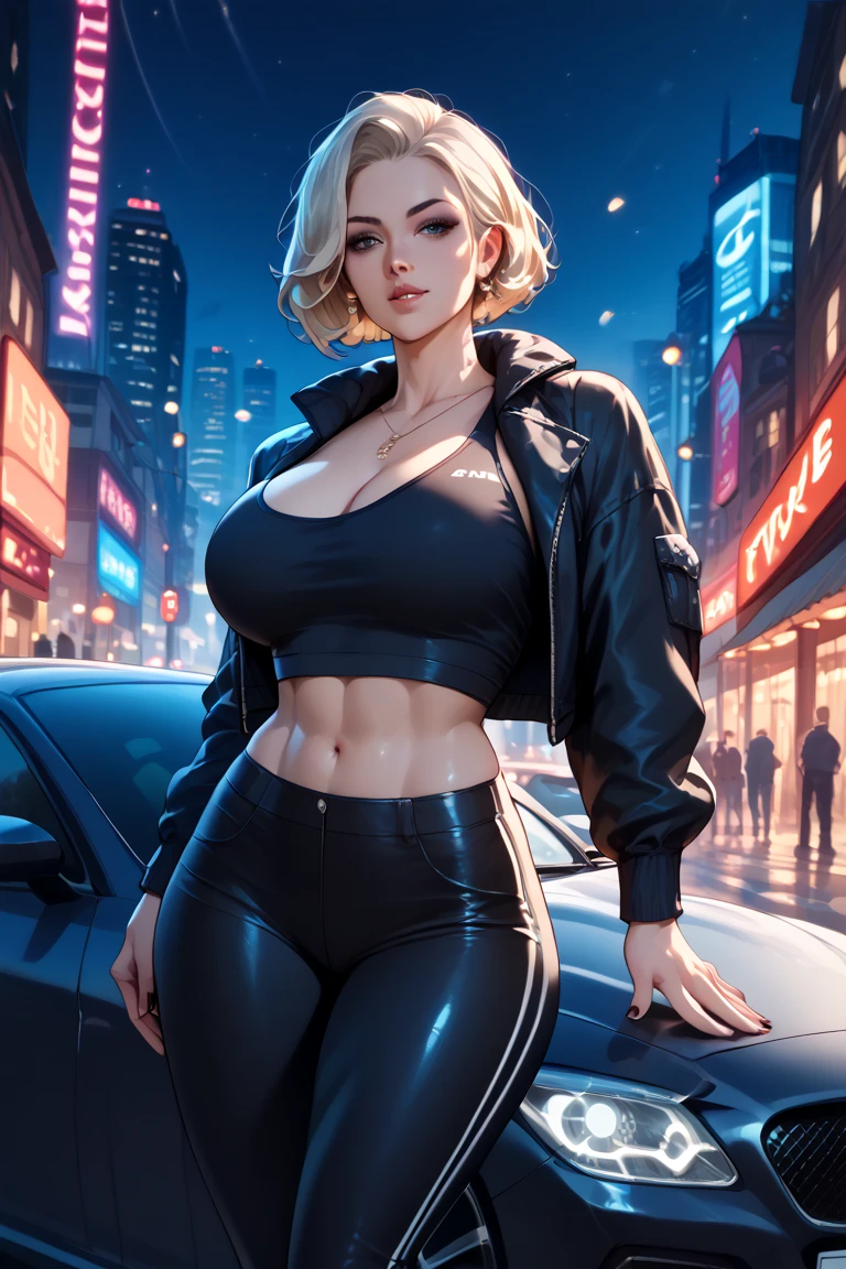 (Cool policewoman.Well-proportioned face.Beautiful white skin.A very muscular, thin body.Well-defined, beautiful six-pack abs.Sharp eyes.Blonde.Boyish short hair with a center part.I can see your forehead.Beautiful blue eyes.Deep red, intense eye makeup.Dark lipstick.Narrow waist.Very large breasts.Very large breastsの谷間.Beautiful light pink areola.Skin is radiant).(Upper body naked.Black leather jacket.Nipples are visible.Black leather panties.Black long boots with lots of belts.There are lots of piercings.stockings).(1 Beauty.Late night back alley.Futuristic City.Leaning back.Police car.Sitting on the bonnet with legs spread.Smiling thinly.The eyes are narrowed)Perfect Face.Accurate human body.Accurate five fingers.High resolution.It&#39;s dynamic.Whole body image