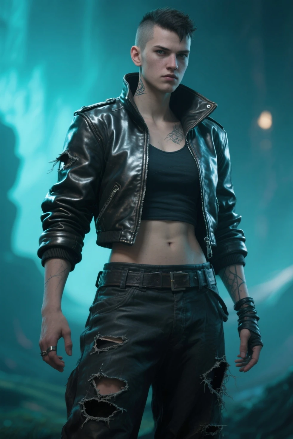 gekko, valorant, 1 boy, green hair, brown eyes, muscular, dom, well-behaved, mysterious, leather jacket, black jacket, bts, walking in the rain, talking on the cell phone