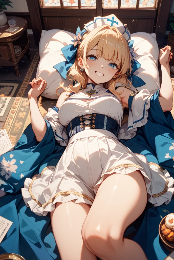 1girl, large full breasts, small hip, verd s eyes, Golden hair,, skirt by the, bedroom,,Metamorphosis, 小柄,fantrome,azur lane,le temeraire,(Braids),pigtails,white knee-socks,frilld,(garterbelts),(Tricolor color),(Ahoge),{upper chest exposed}