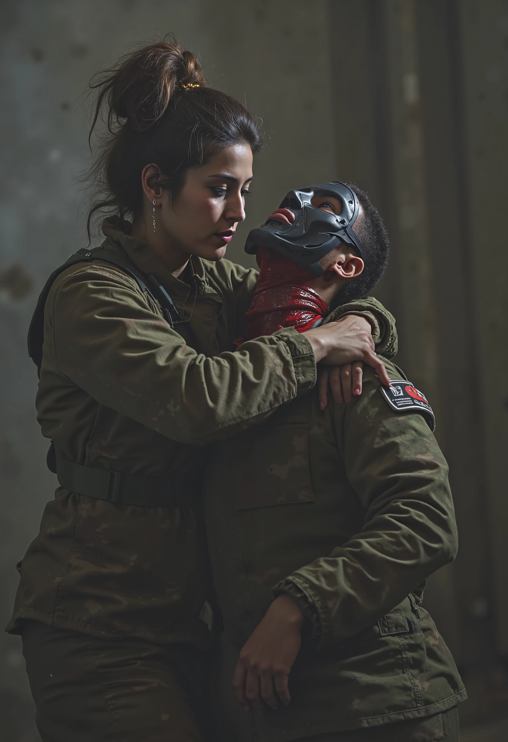 Realistic, real quality, beautiful woman, woman 20 year old, woman cuts neck boy, woman killing boy, blood splashed in neck boy, woman thick hair, woman hair bun very big, boy 25 year old, woman Delta force Camuflase white outfit, woman delta force armor, woman knife, woman complete with combat equipment, boy full face mask bondage