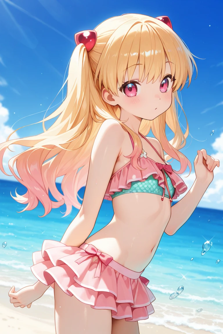 rubyhoshino, Ruby Hoshino, Long Hair, bangs, blonde, (Pink Eyes:1.3), (Symbol-shaped pupil:1.5), Multicolored Hair, smile,blush,Open your mouth,Two-tone hair, Bikini Swimwear,barefoot,Water Play,Wet Hair,Wet Skin,Wet swimsuit,True Summer,Clear skies during the day,
break outdoors, Beach,construction area,
break looking at viewer, whole body, (Cowboy Shot:1. 5)
break (masterpiece:1.2), highest qualそれy, High resolution, unそれy 8k wallpaper, (shape:0.8), (Beautiful attention to detail:1.6), Highly detailed face, Perfect lighting, Highly detailed CG, (Perfect hands, Perfect Anatomy),