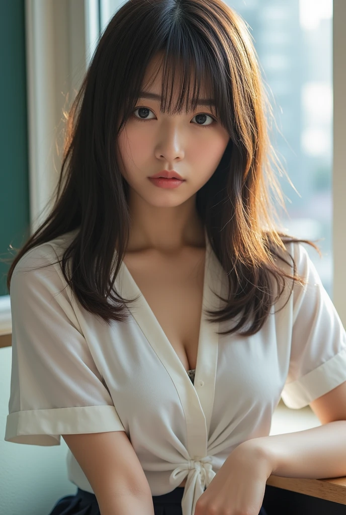 (Highest quality), (masterpiece), highly detailed, A naked Riho is resting the head of her protruding thick penis on her tongue, Oral sex, body, Eyes that are evenly shaped, Big eyes, Droopy eyes, A dreamy look, Her face is covered in semen, she does shy smile, she is blushing, Beautiful mouth, Beautiful penis, get creampied, Japanese schoolgirl's uniform with bare chest, A yellow knitted vest that is too small, A simple background with just a sheet,