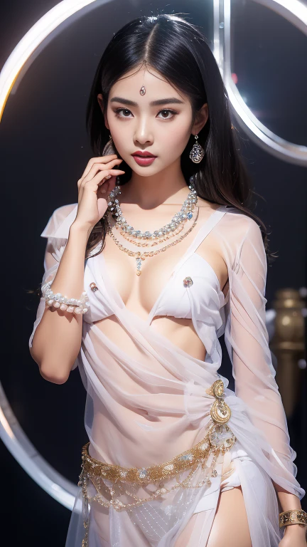 Photorealistic Production, (One Person), (Realistic Image of a 25 Years Old British Female Model), (wearing long pashmina hijab), (Athletic Body Builds:1.4), (Pale Skin:1.4), (Wearing a Robe super Transparent Dress, unbuttoned loose opened, showing breasts and the nipples, no bra, no underwear and little Golden Jeweleries:1.6), (shyly Face), (super Cleavage), (sexual Pose:1.6), Centered, (ankle-up Shot:1.4), From Front Shot, Insane Details, Intricate Face Detail, Intricate Hand Details, Cinematic Shot and Lighting, Realistic Colors, Masterpiece, Sharp Focus, Ultra Detailed, Taken with DSLR camera, Realistic Photography, Depth of Field, Incredibly Realistic Environment and Scene, Master Composition and Cinematography,castlevania style