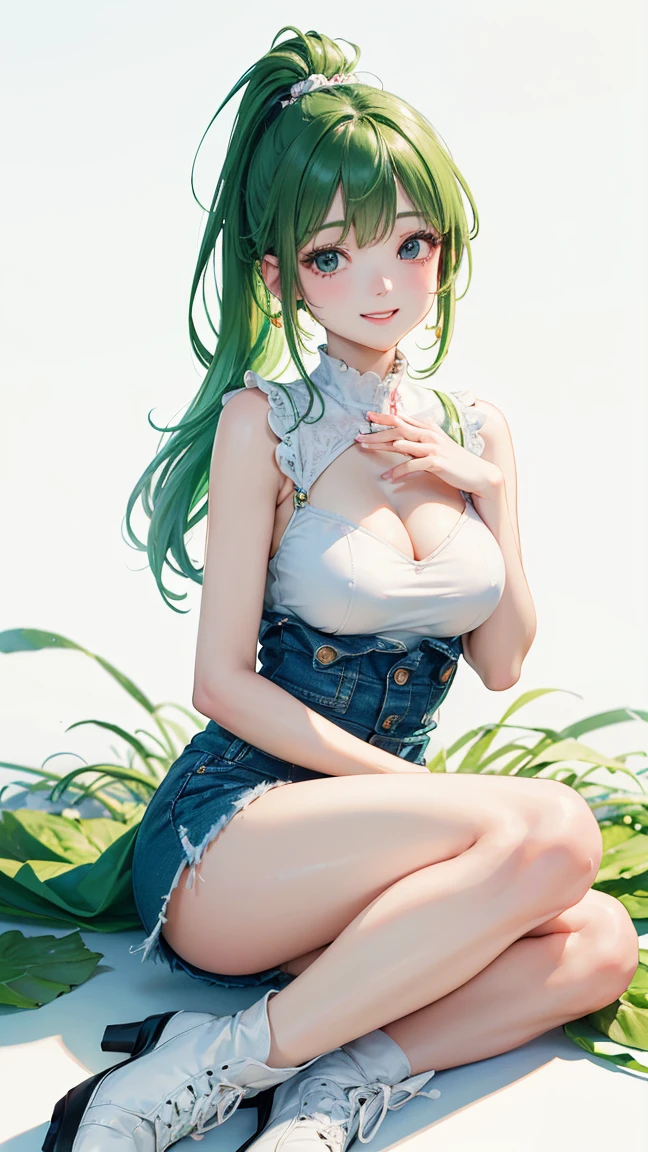 1girl, solo, full body, summer, village, trees, long hair, ((dark green hair)), curly hair, twintail, large breasts, blue top, cleavage, dark blue eyes, yellow pants, grin, looking at the viewer, running, hair ribbon