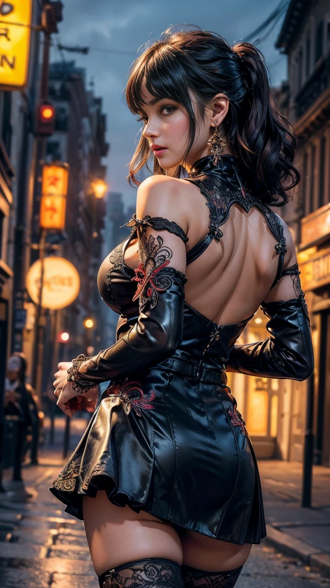 Realistic (photorealistic Realism,highres,masterpiece:1.2), ultra realistic details, dress a beautiful girl with a perfect figure in something nice, made of available materials ((silk), (canvas, nylon), (latex laced), ((lacy)), leather, ((((jewelry)))), steel, chains, chainmail, bracelets, pendants, earrings, everyday items)), I encourage you to draw them at the same time, ((Use any technique, any style, any outfit, Sew, ((embroider)), (clear sharp focus, not blurry, Realistic brown_eyes:1.35), Masterpiece, Realistic skin texture, Ultra detailed, Lustrous hair and skin, ((I encourage you to choose the right background for your phenomenally drawn creation)), (Use any technique, any style, any outfit, even choose ((eye color, hair color, even hairstyle, makeup, whatever and how to do it))), ((experiment, combine complex, multi-layered materials)), ((experiment with Armor and delicate materials)), (((experiment with the entire palette of colors and shadows))), (masterpiece: 1.3 ), (ultra_detailed, UHD:1.2), Extremely detail CG unity 8k wallpaper, depth of field, Fujicolor, (best quality), (high resolution), Attention to detail, Double eyelids, Wear an off-shoulder top, full bodyesbian, and if you want, you are standing, (back shot), lacy, lacing, High Contrast, muted colors, long legs, medium ass, ((Fantasy style)), ((layer cut: 1.42)), ((Brightly colored clothing)), ((Sport style)), ((Lively,Active,vivaciousness)), ((no_Panties)), ((Exposing thighs)), (Erotic:1.6), ((black silken skirt, (tinyskirt:1.37), no_panties, curvy)), (Look sideways, look up, look down, random expressions), (rich including decorative embroidery:1.21), (red epic lace:1.29), (sharp focus), ((very intricate design of epic bodysuits:1.32)), ((city night), (neon sign), (night),