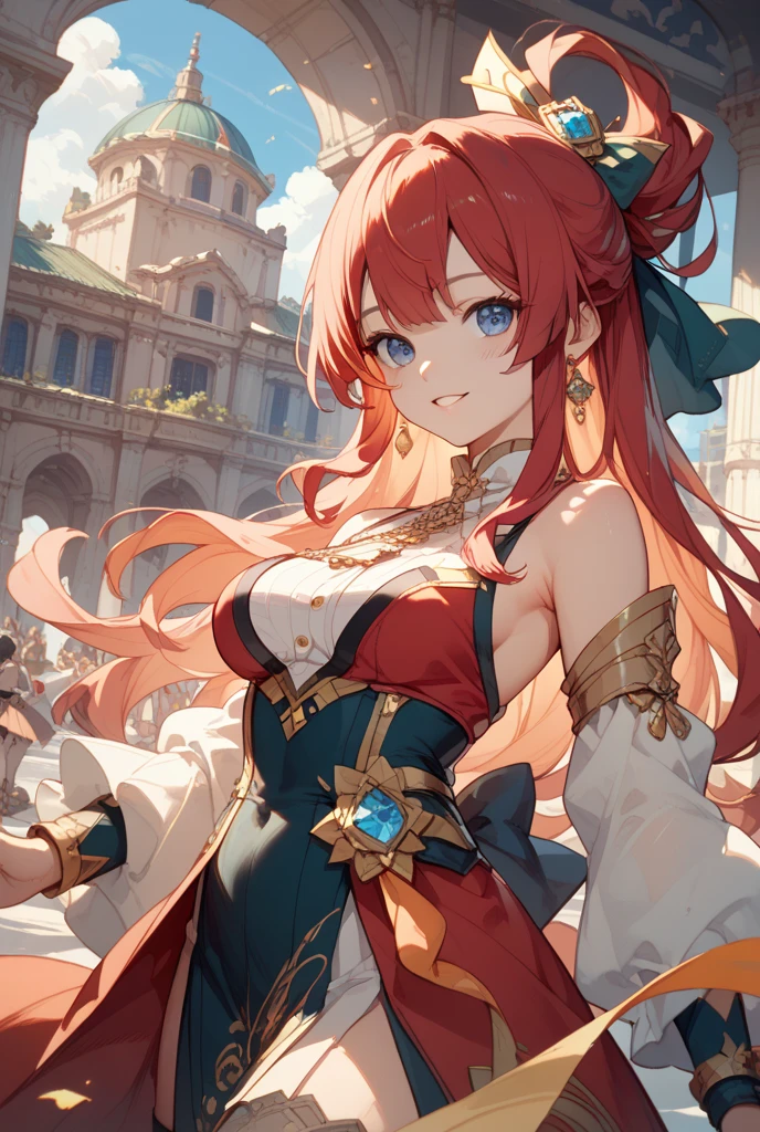 Red hair, light blue eyes, veil, arm cover, medium hair, wig, Enchanting and sparkling blue belly dance costume, colored pencil medium, Close-up of girl, from below, lips, young girls, extremely beautiful detailed anime face and eyes, ,D, open mouth, extremely detailed, extremely CG, best quality,(dynamic angle, dynamic pose:1.2),(petals:1.3), wind, butterfly, (magnificent panorama view:1.3)