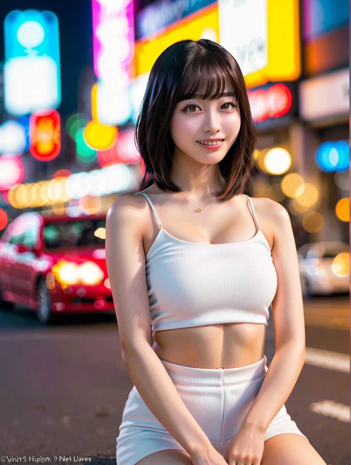 1 person, Tokyo Street,night, Streetscape,City lights,Upper Body,close,smile,, (8k, RAW Photos, Highest quality, masterpiece:1.2),(Realistic, photo-Realistic:1.37),