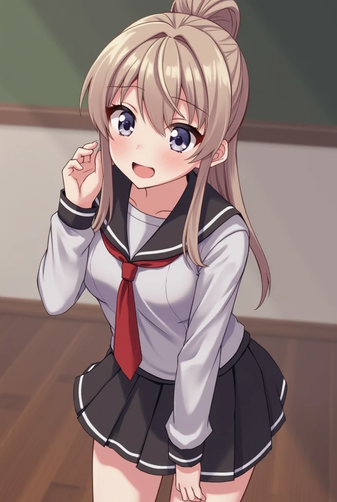 <lora:SanaeSDXL:0.8>, masterpiece, absurdres, 1girl, solo, sanae, flat chest, black blazer, school uniform, plaid skirt, white thighhighs, red ribbon, happy, from side, school background