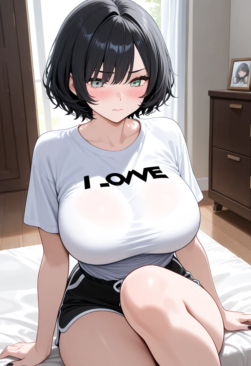 (Masterpiece: 1.4), (Best quality: 1.4), 8K, HD, ultra clear,1boy, (big breasts:1.4), short boy hair, boy has short black hair,(Heart-shaped pupil:1.3),(Tongue out:1.2),scared:1.3,(cry:1.4),Bare abdomen,White lace underwear,Skirt,Bedroom at night,necklace,Messy clothes, handsome boy, male face,