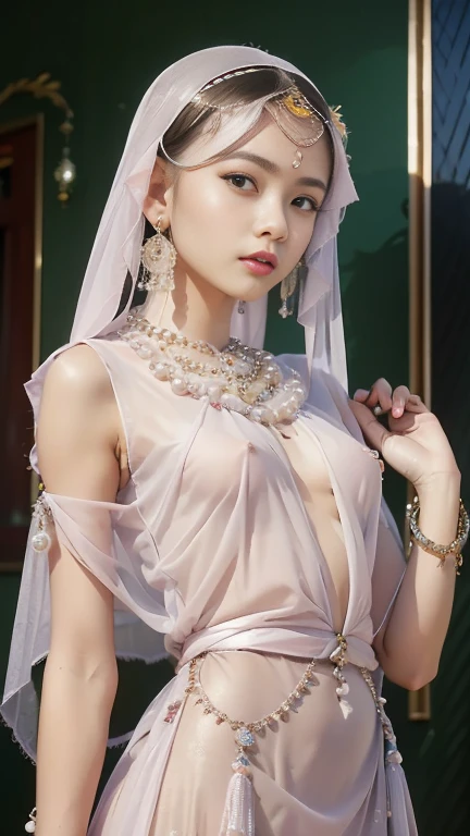 beautiful detailed eyes, beautiful detailed lips, extremely detailed eyes and face, longeyelashes, 1girl, wearing hijab, nude, large breasts, intricate detailed clothing, ornate jewelry, elegant pose, photorealistic, highly detailed, dramatic lighting, cinematic composition, vibrant colors, chiaroscuro, renaissance painting style