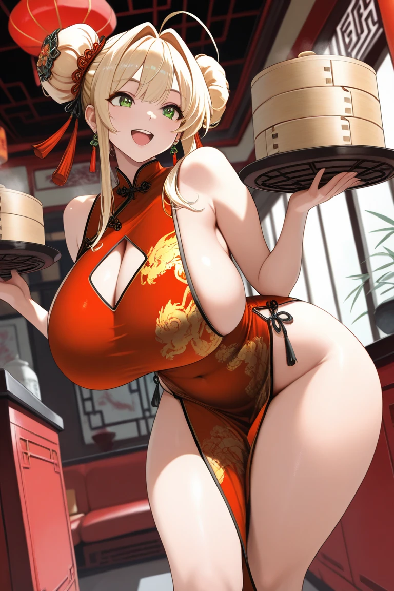 Young girl, blonde hair in a bun, amber eyes, cat ears, kimono, open breasts, smile, masterpiece, high quality