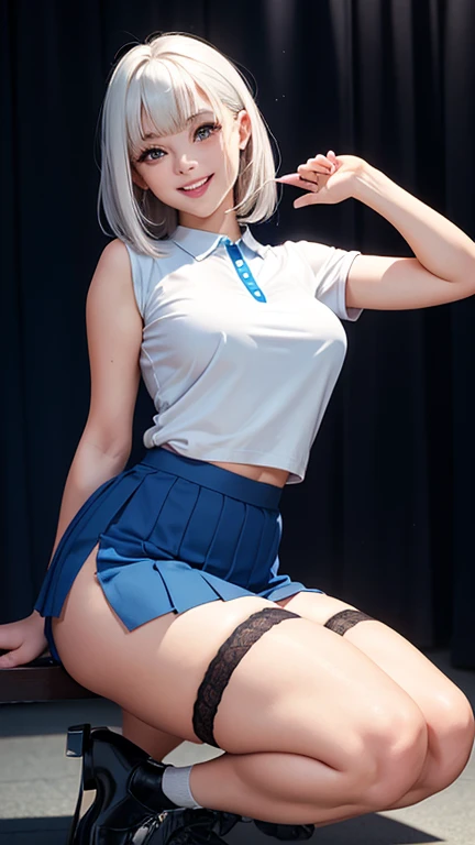 (best quality, 8k, highres, photorealistic:2.0), (solo, one girl:2.0),(lighting: strong),(lighting: front),(very muscular girl:2.0),(bodybuilder girl:1.5),(shiny skin:1.5),(short hair:1.5),(silver ash hair color:1.5),(Open your bent legs to the limit:1.5),(raise both arms behind your head:1.5),(black loafers:1.5),(()),(white collar shirt),(long sleeve shirt:1.1),(tight shirt),((ribbon bow tie:1.1)),(short white socks),((blue pleated skirt)),((blue skirt)),((Wearing cute patterned white panties)),(orgasm:1.1),((Girl leaning on an old leather sofa)), very beautiful girl, Blush brown makeup , dark eye makeup