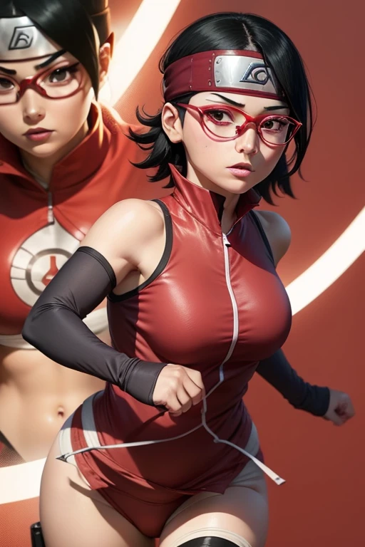 Sarada Uchiha, short black hair , eyes black, and with red glasses , young woman with a fair skin complexion , is 18 years old , That slender body , entire part of the body , Chubby, medium-sized breasts , Wear a shinobi outfit , It is located at the Shinobi Academy training ground,full body closeup, attack position.