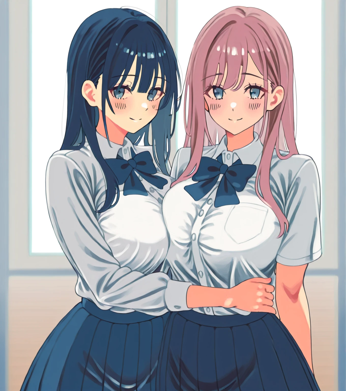 masterpiece,ultra detail,best quality,2girls,against wall serafuku,navy plits skirt,side view,girl pinned against wall,hug,kissing,NSFW,huge breasts,yuri,Height difference,Licking breasts,licking breasts,puffy nipple