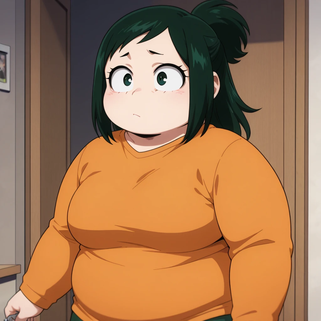 Anime Screenshot, chubby, milf, shy, pudgy face, large round eyes, dark green hair, ponytail, sweater