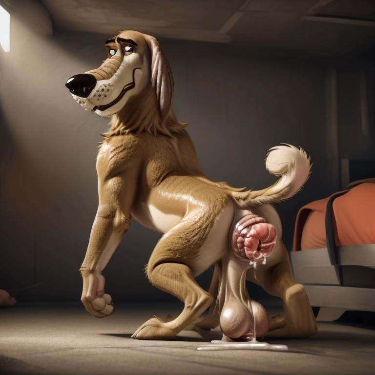 ((((solo, rear view, masterpiece, best quality, canine penis, screaming, balls, huge belly, lying on back, spreading legs, leg up, excessive anal hyper feces hyper scat, feral, closed eyes)))),solo, side view, feral dukey, no humans, on all fours, dog, bed,