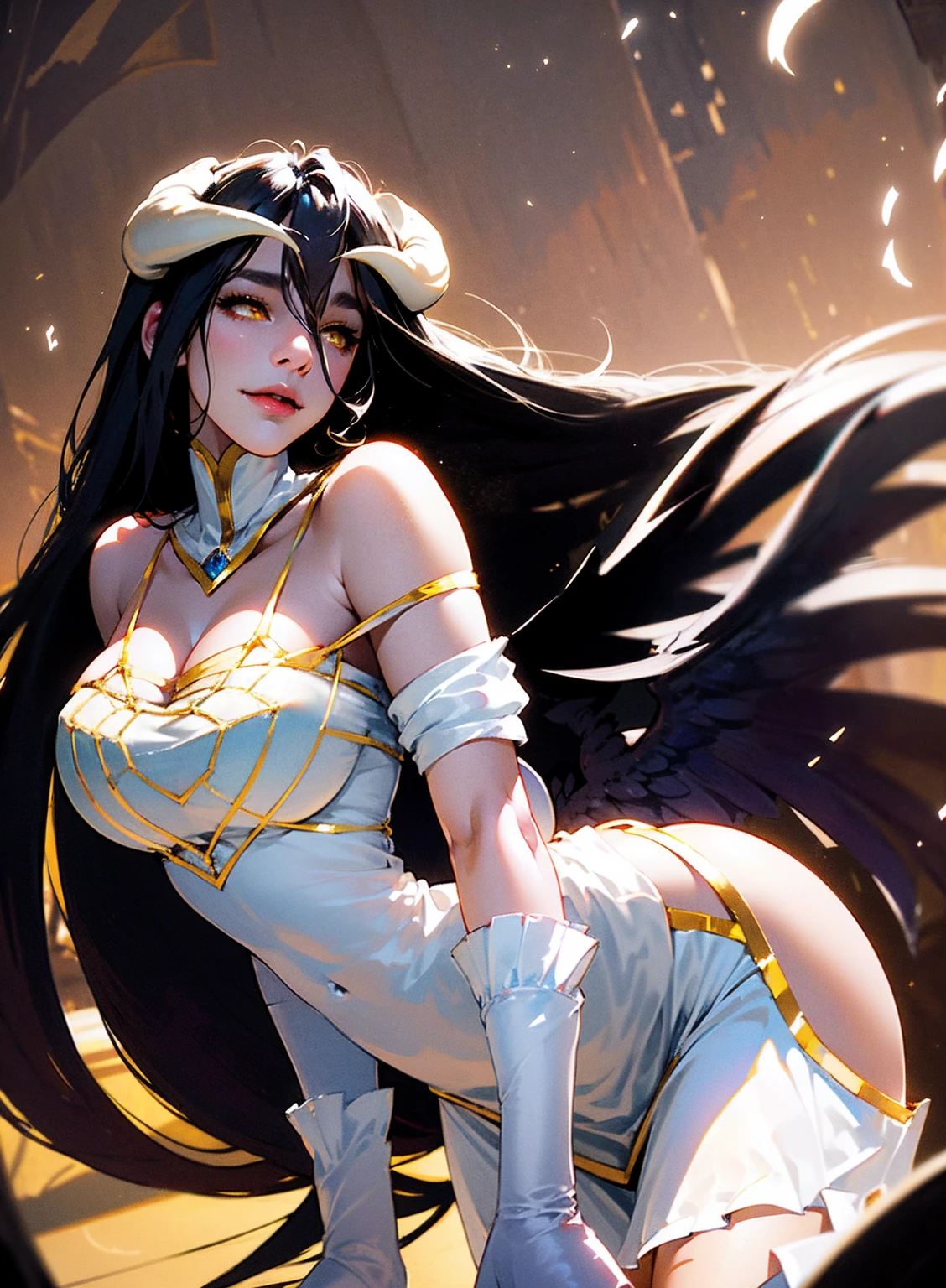 masterpiece, best quality, high resolution, All 1, Devil's Point, slit pupil, White gloves, white dress, bare shoulders, Split collar, Split, black wings, Feathered wings, Low wing, cowboy shooting, Everlasting, Smile, dungeon, evil Smile,