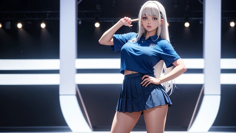 Japan girls, Long black and white hair, Looks happy..., Yellow and white shirt, Pink and white denim vest, Red and black bra, See-through outer skirt, Blue-red sneakers, Stand facing the audience..