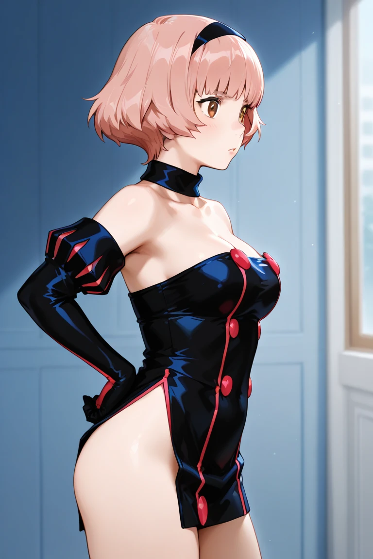 (masterpiece, best quality), 1girl, Pastel Purple Braided Chignon, small breasts, <lora:sukebei leotard:0.8> sukebei leotard, red sukebei leotard, bare legs, covered navel, covered nipples, cameltoe, sideboob