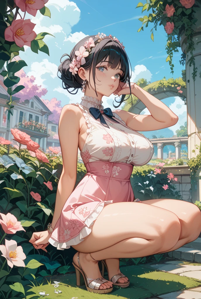atdan,
1girl, atdan, background, black hair, blue sky, blush, breasts, bug, building, butterfly, butterfly hair ornament, cloud, cloudy sky, dress, feet, flower, hair ornament, heels, highres, insect, large breasts, leaf, original, parted lips, plant, puddle, red eyes, short hair, skirt, sky, squatting, toes, water, wet, wet clothes, white dress
, ((masterpiece))
<lora:atdan:0.7>