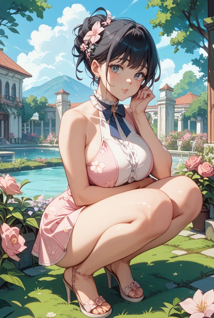 top-quality、Full limbs、complete fingers、Beautiful 25 year old woman、Slender beauty、poneyTail、Medium hair、Brown hair、Raw feet、bikini in pink color、Beautiful Large Breasts、flower garden、lawn、Rose Garden、The fountain