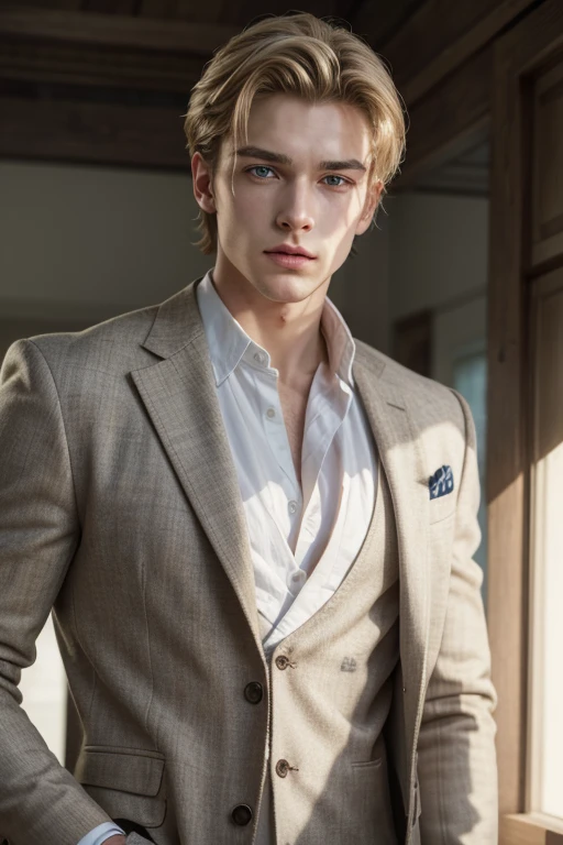 A 29-year-old man with blonde hair, sitting wearing a half-open suit revealing her big breasts