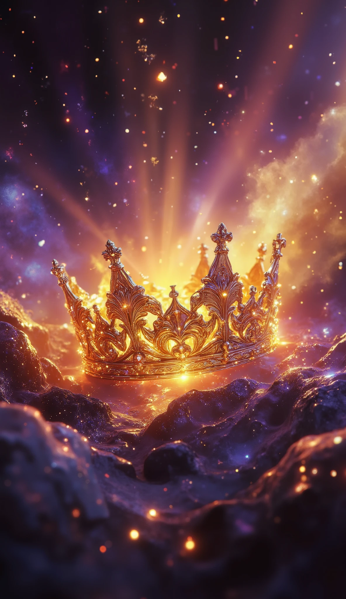 masterpiece, beautiful style, A beautiful shiny gold crown amidst the stars and the galaxy spinning in the background, a highly detailed crown, A beautiful galaxy, wallpaper, masterpiece, beautiful colors,  Celestial Colors ,
