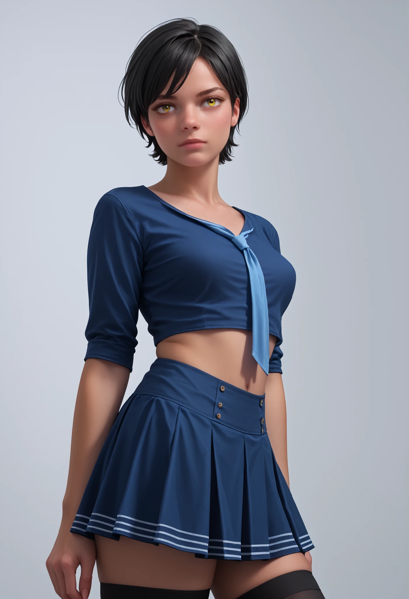 score_9, score_8_up, score_7_up, score_6_up, 8k, high detailed picture, realistic style, masterpiece, very young girl, perfect breasts, torpedotits, hmuro, black hair, yellow eyes, short hair, two sides down, 1girl, solo, big brightness eyes, 16k, masterpiece, realistic style, perfect fingers, tomboy, CyberRealistic_Negative_PONY_V2, sapbd costume, blue crop top and skirt, thighhighs, midriff, (enormus short skirt:1.2)