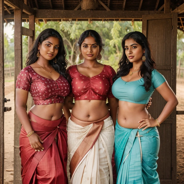 3girls, realistic photograph of three young rustic Tamil village belle dressed in an ((unhooked blouse and Indian saree skirt)) standing inside a farm in rural India, black brown skin, curvy and toned body, tall, big boobs, nipple poke, hourglass figure, big hips, big ass, seductive, detailed cute face, full lips, smiling, studio lighting , hyper realistic.