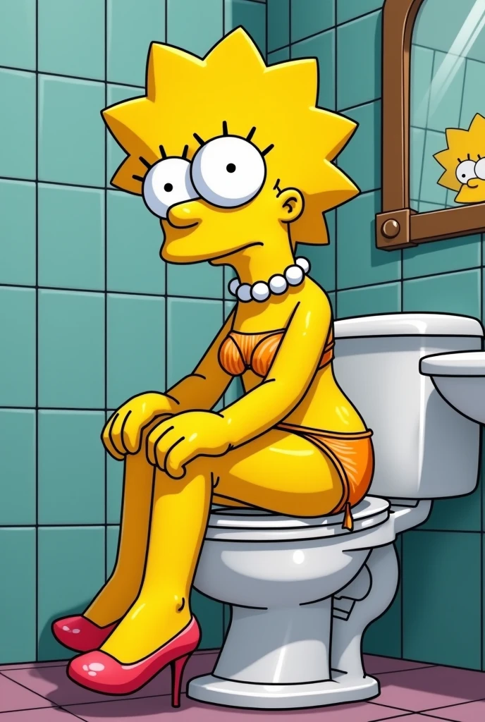 olga pataki, sitting, inside a toilet, gloryhole, blowjob, smile, white shirt, black vest, long sleeves, midriff, blonde, short hair, earrings, white thighhighs, black headband, retro style, green skirt
