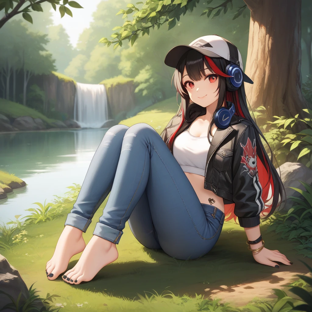 masterpiece, best quality, detailed, pov, 1girl, pokemonhilda, blue eyes, brown hair, long hair, ponytail, baseball cap, blue shorts, hat, shorts, vest, wristband, sleeveless, black vest, white shirt, shirt, smug, standing, grassy field, lake background, countryside distant background,