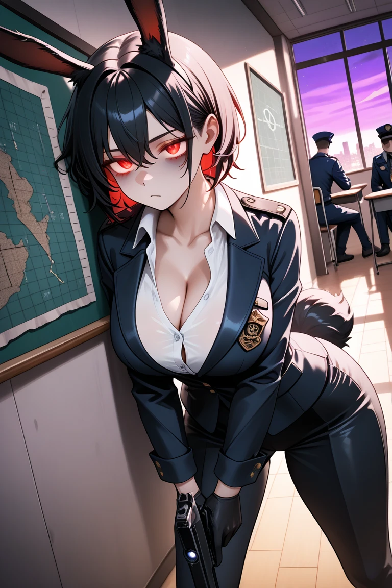 a woman wearing a long overcoat, big breasts, in an office environment, holding cigarettes in her mouth, wearing a detective outfit, detailed facial features, hyper realistic, cinematic lighting, 8k, masterpiece