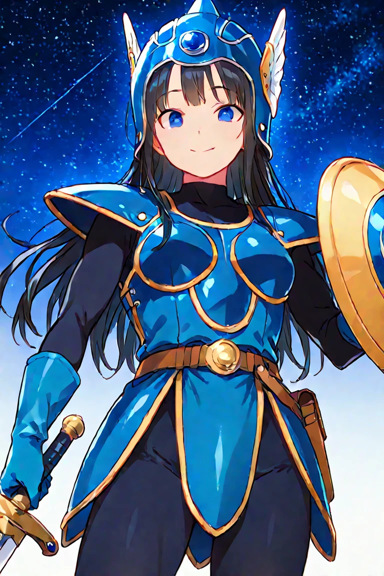 best quality, masterpiece, 1 girl, (silhouette lighting:1.2), (cowboy shot:1.3), smiling, LennethVP, braid, single braid, blue armor, armored dress, winged helmet, pauldrons, gauntlets, greaves, (skirtlift:1.3), medieval village, rural