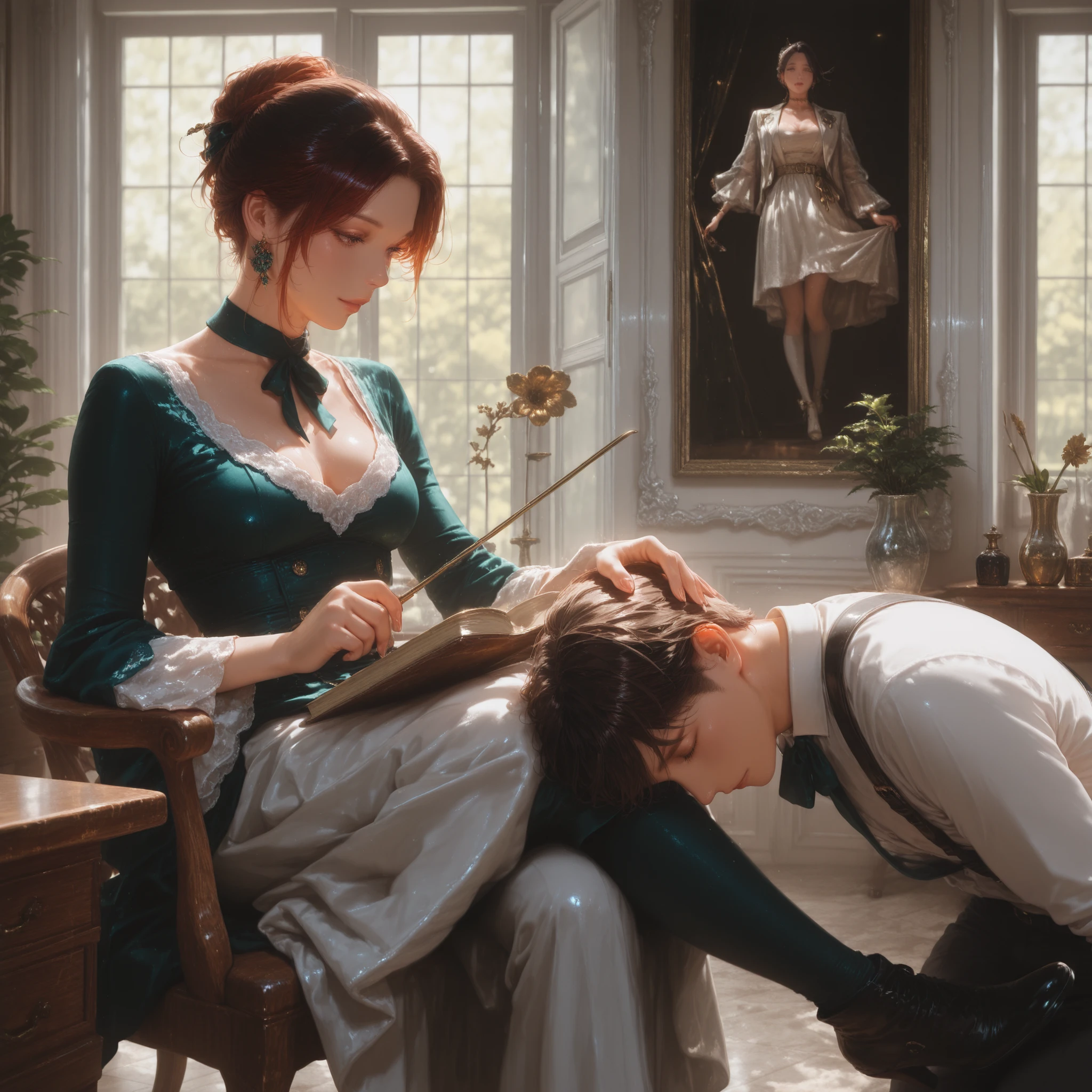 a woman, a young boy, high quality,detailed,realistic,good lighting,photorealistic,perfect composition,4K,HDR,rich colors,warm color palette,romantic atmosphere