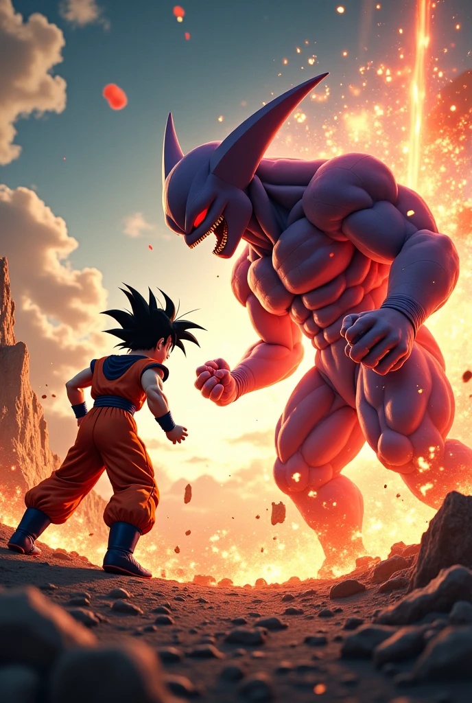 A fight between a roblox alien and roblox bacon hair that has dark skin and is shirtless fight in space like its a dbz fight and destroying multiple galaxies
