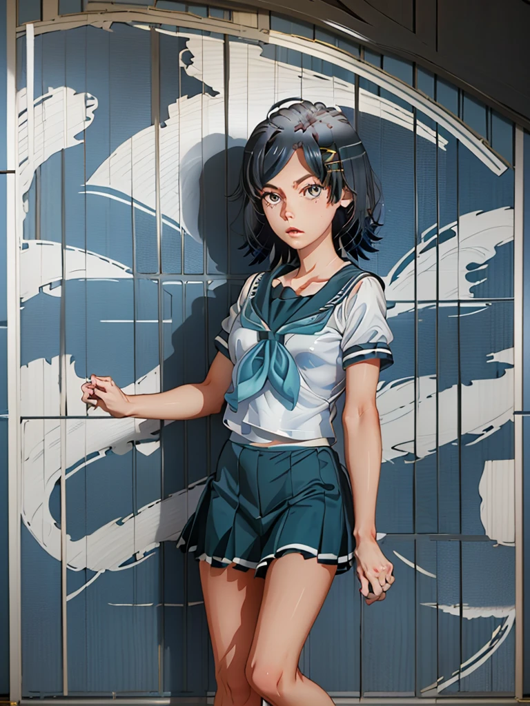 (((masterpiece) (((((Highest quality))))((high resolution))))), Very detailed, Ultra-realistic, )、、locker room、Open shirt、White Bra、White panties、Black Hair、、、Change of clothes、((Expressionless))、From above.stand、Look away、((Look down))、、Long Hair、Change of clothes中、Look Down