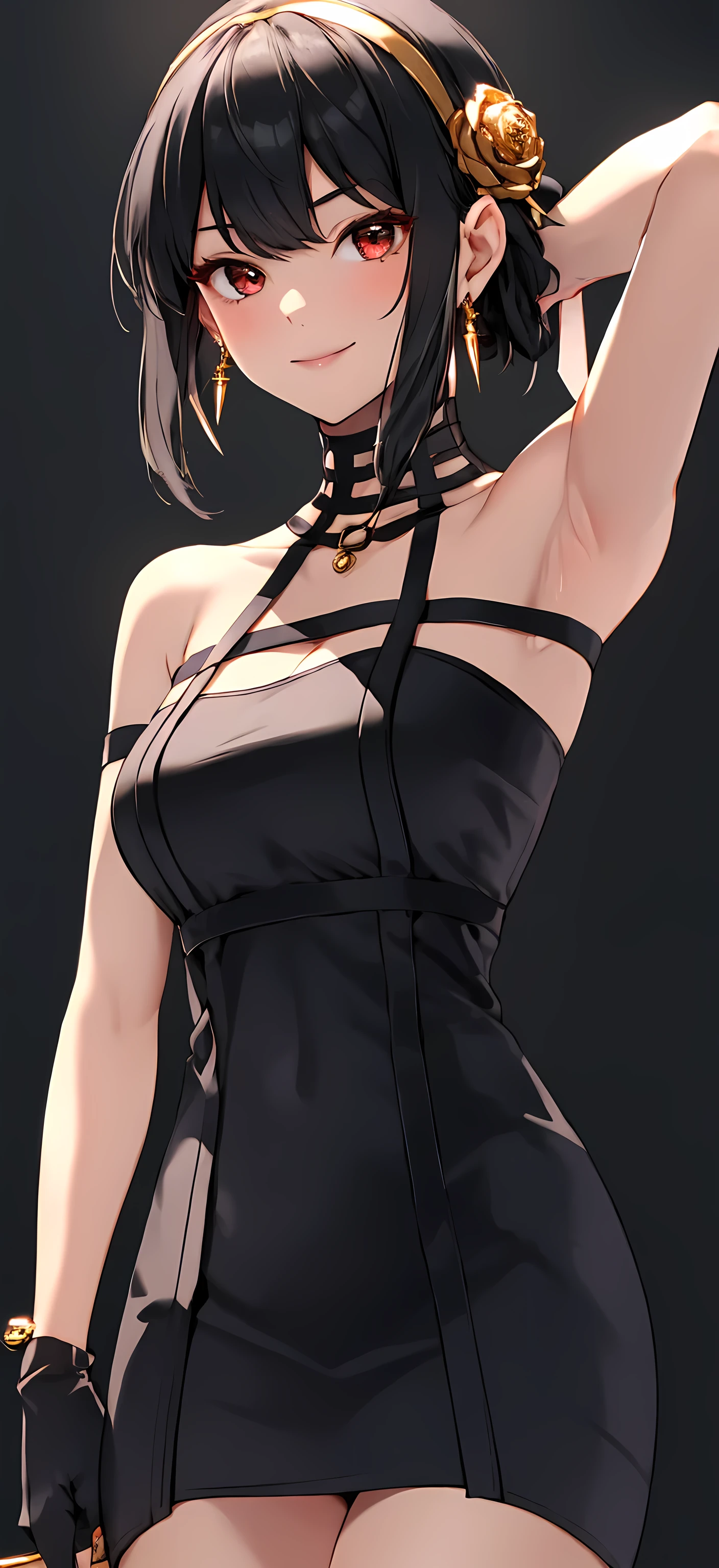yor briar, anime style beutiful woman, 1girl, happy, smile, red face, closed mouth, beautiful detailed eyes, super detailed skin, backlighting, bare shoulders, black background, black dress, black gloves, black hair, breasts, dress, earrings, fingerless gloves, floating hair, floral print, flower, gloves, gold earrings, gold hairband, hair flower, hair ornament, hairband, holding, holding weapon, jewelry, large breasts, long hair, looking at viewer, off-shoulder dress, off shoulder,red eyes, short hair with long locks, sidelocks, solo, spikes, thighs, two-sided dress, two-sided fabric, weapon, fighting stance , face, close up, from above, highest quality, high resolution. (((showing armpits)))