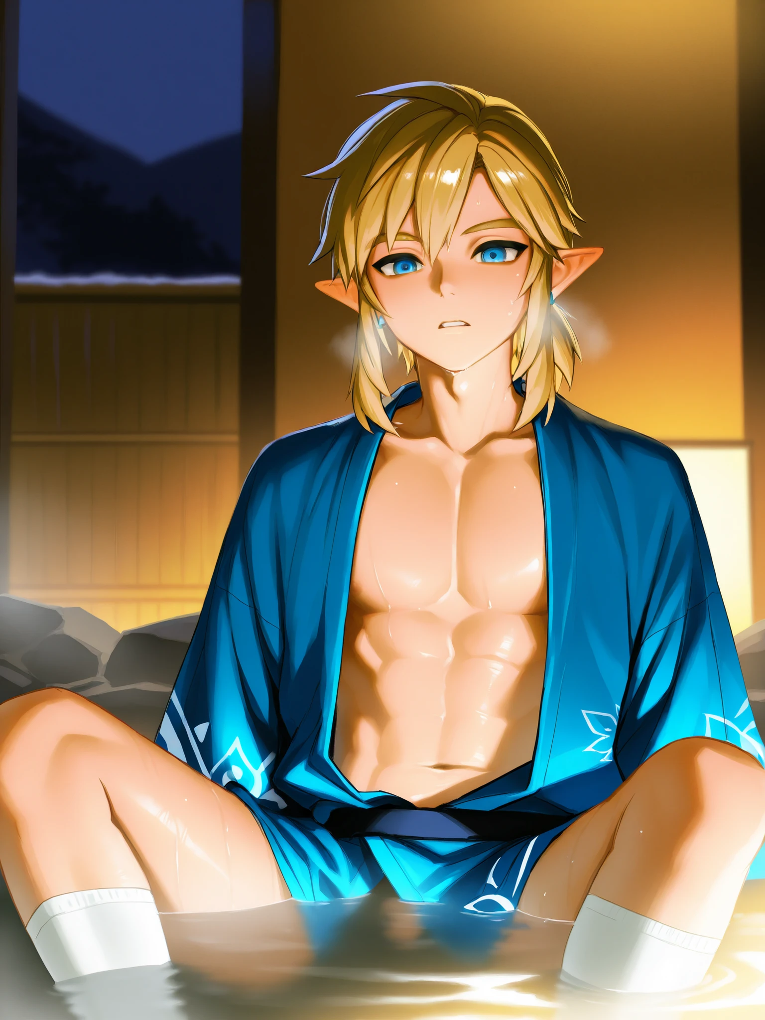 (Masterpiece), (Best Quality), ((Highly Detailed)), Link from botw, medium hair, blond hair, blue eyes, blue earrings, full body, male, boy, at home, lying on a sofa, horny, bulge in the crotch, 4k, 8k, anime style