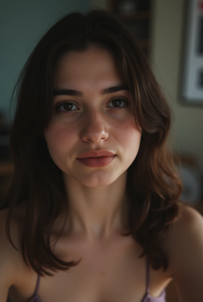a beautiful young woman, 1girl, close-up portrait, piercing eyes, long eyelashes, delicate facial features, soft skin, dark hair, intricate hairstyle, serious facial expression, elegant dress, high fashion, dramatic lighting, cinematic composition, photorealistic, 8k, hyper-detailed, masterpiece, digital art, realistic colors