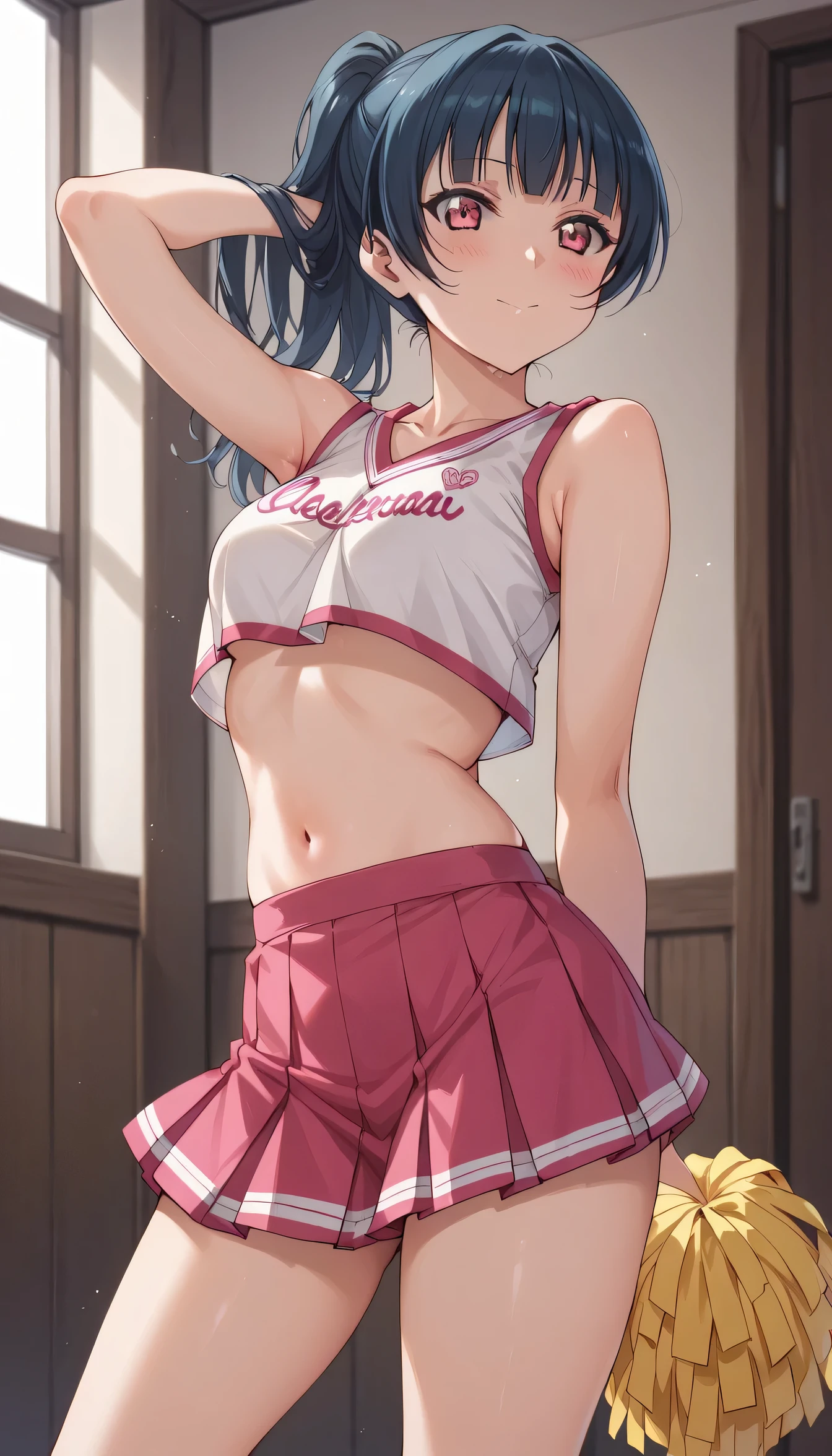 A blushing image of Yoshiko Tsushima, small blouse that reveals the pink navel and the short skirt of a cheerleader standing in a room
