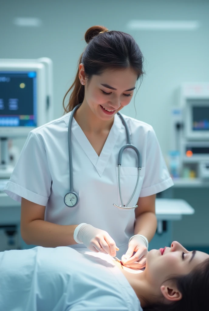 Beautiful female nurse , looking patient