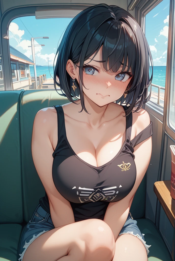 lineart, 1girl, solo, mature female, (pale skin:0.9), red eyes, black hair, (wavy hair:0.1), messy hair, short hair, hair between eyes, wolfcut, pixie cut, makeup, choker, collarbone, punk, emo, breasts, green tropical shirt, no bra, cleavage, no bra, bracelets, blue shorts, beach, inside boat, boat, multiple boys