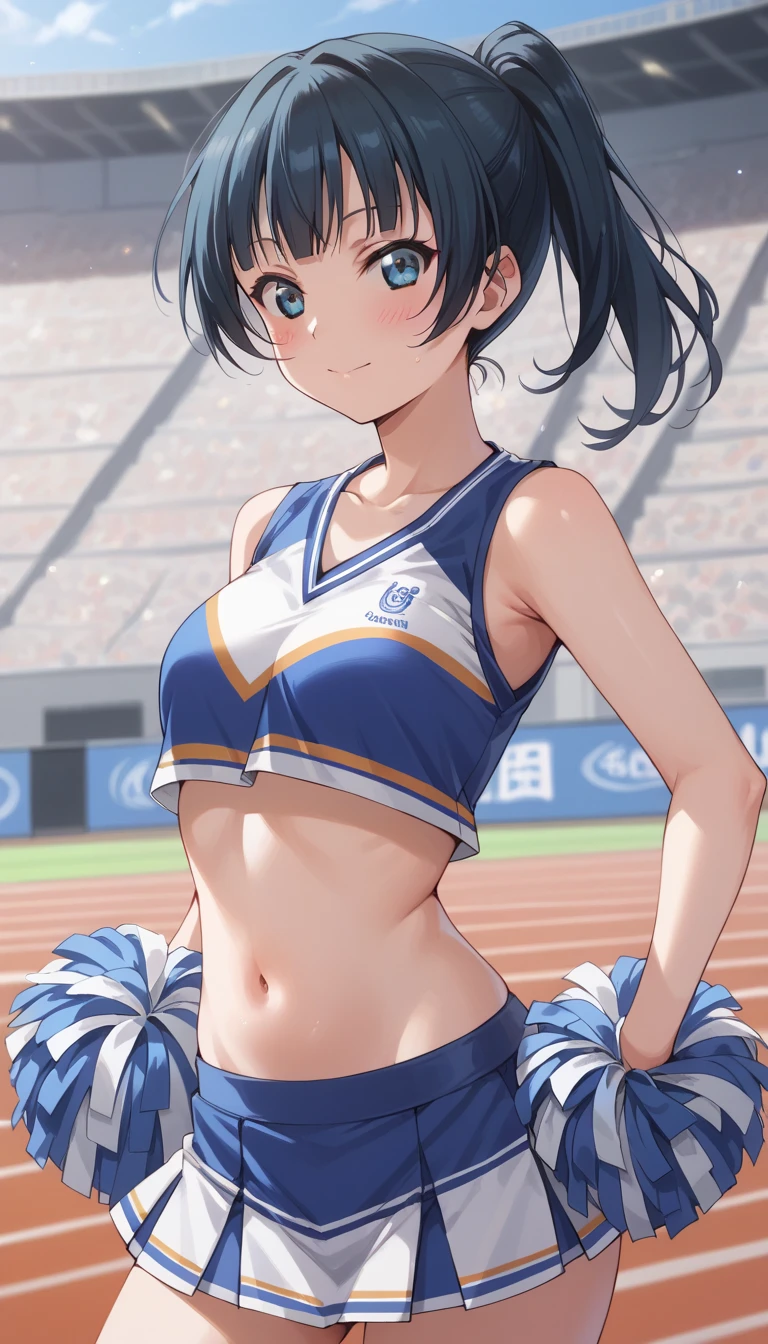 daitaku helios\(umamusume\), ((ultra-detailed face)), symmetrical face, beautiful face, masterpiece, best quality, athletics track, muscular, slender, abs, rikujou, sports bra, horse tail, medium tits, smile, hand between legs