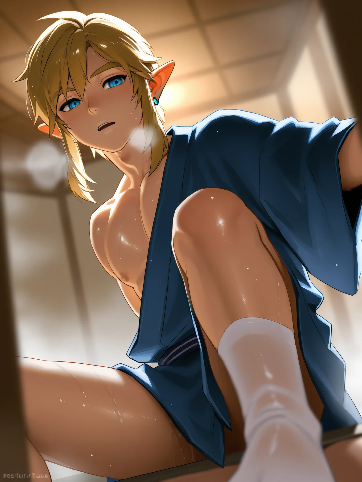 ((highest quality)), ((Home)), (detailed), Expressive eyes, Perfect Face, short hair, Blonde Boy, my, Link, princess zelda clothes, The Legend of Zelda, Naked lower body , Penis in crotch , squat, Zelda's hair clip , Kind Face , tits