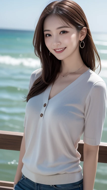 Thai girl with a sweet smile, beautiful breasts, wearing short jeans and a tight-fitting white shirt. Take a walk by the sea