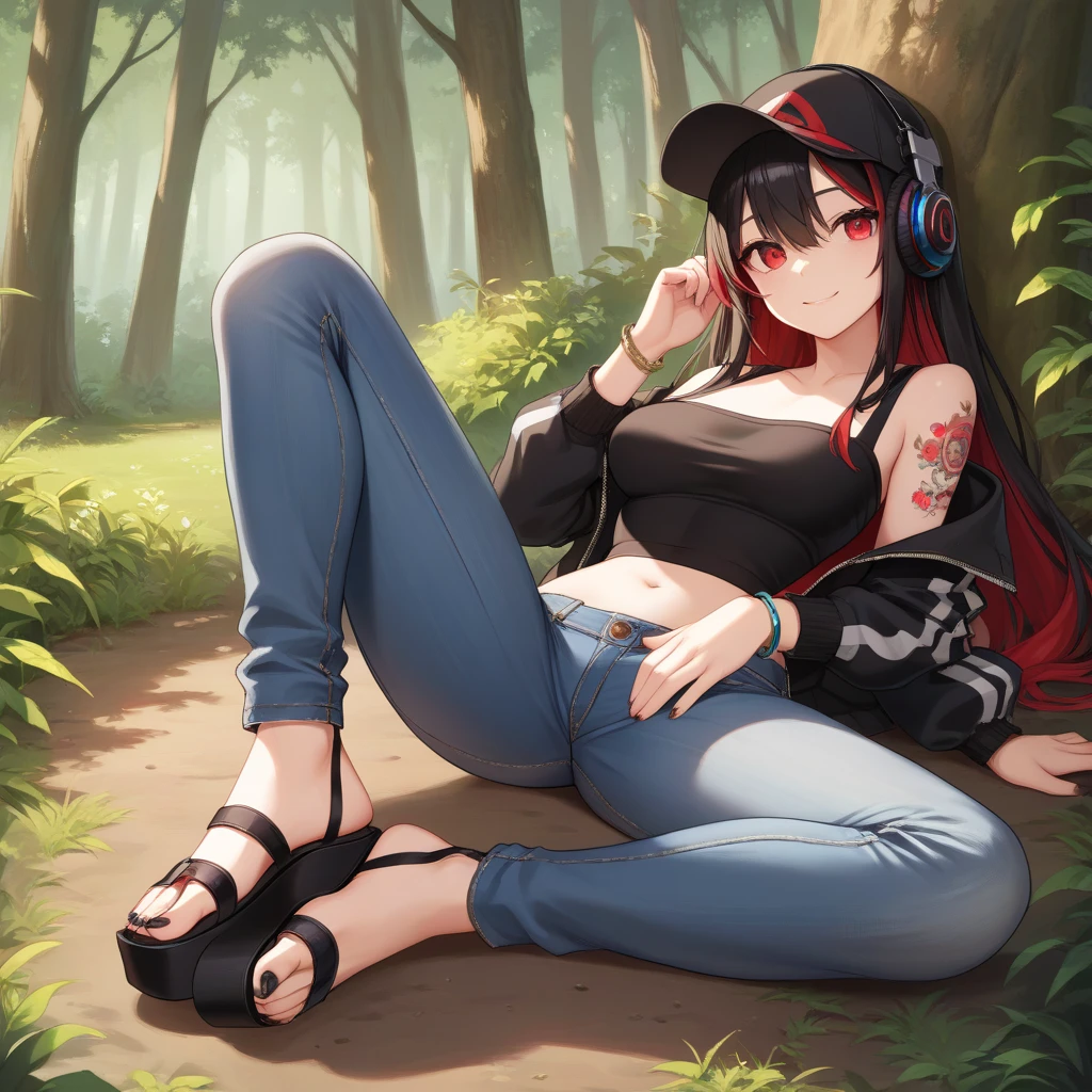 1girl, in container, full body, black_hair,red_eyes,long_hair,hoodie,