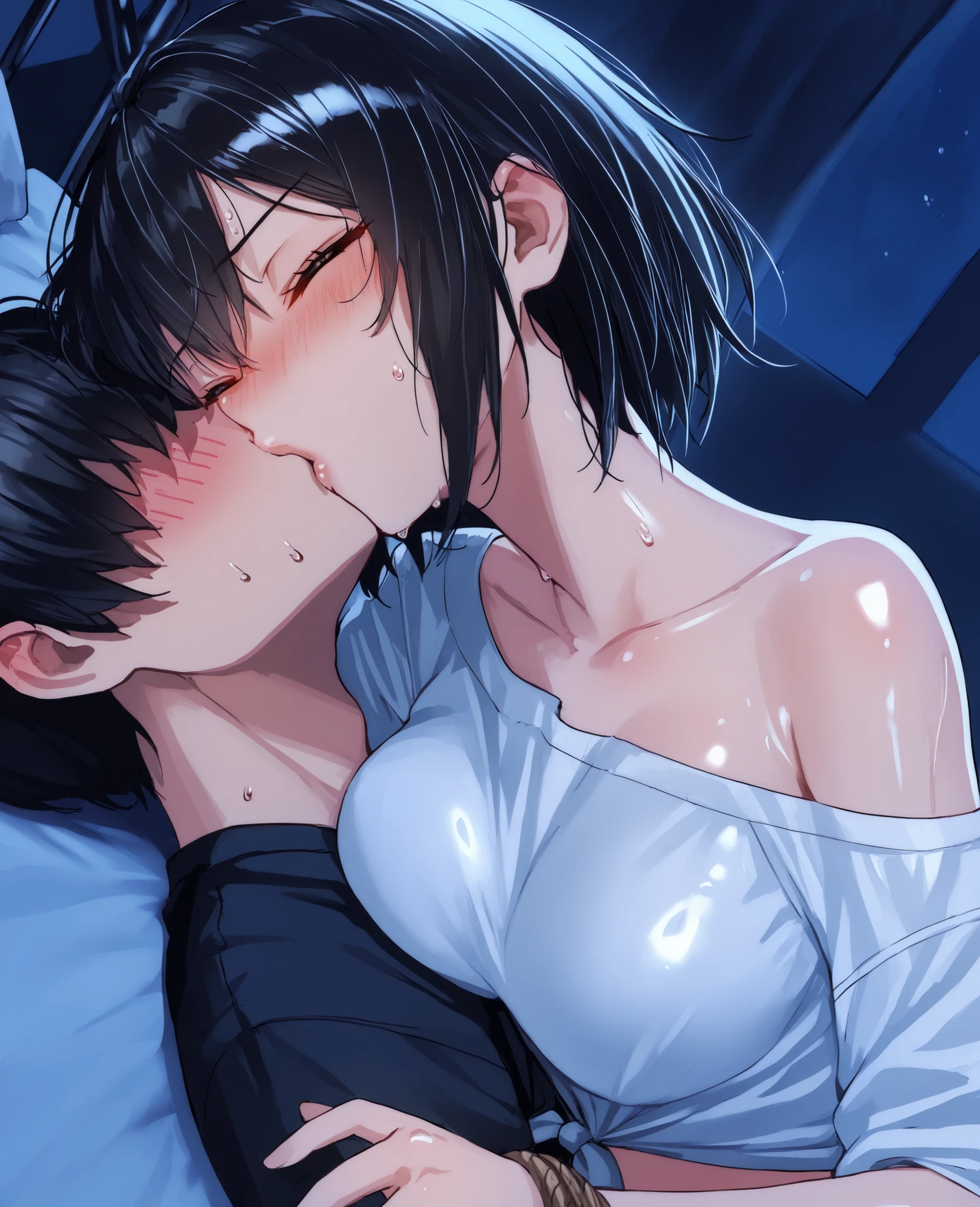 score_9, score_8_up, score_7_up, 1woman, solo, hair, closed eyes, glossy lips, black hair, lovely medium breasts, perfect body, white shirt, tied up shirt, messy clothes, exposed shoulder, sweat, female organism, open mouth, looking at viewer, head tilt, nose blush, blush, flustered, indoor, bedroom, night time, late night, shiny skin, against bed, lying down, upper body, 1girl, 1boy (faceless, face on girl's face,
intense kiss, deep kiss, kiss ), hug. Dutch angle.
