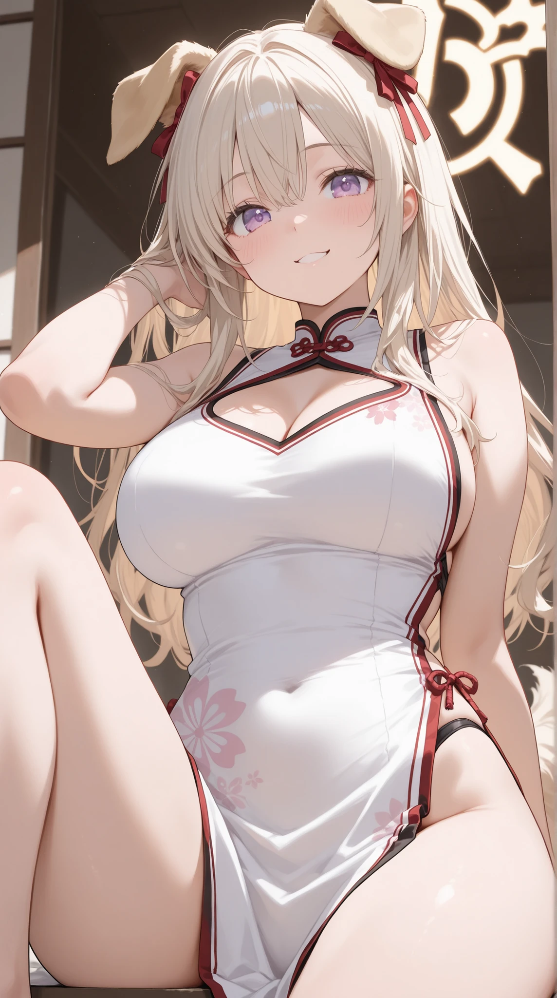 masterpiece, best quality, beautiful art, high resolution, well formed hands, body and fingers, 1 woman, solo, Sasara Kusugawa, blonde, grown up, cosplaying as Mai Shiranui , mai_shiranui_cosplay, adult, large and round breasted, cleavage full body picture , hair ribbon, gorgeous legs and, thighs, sexy Japanese clothes, hair ornament , sexy legs , hips and thighs,doing exercise, warming up, working out, sexy and captivating training, smiling joyfully and happily , looking at the viewer, panties peek, sweating , bouncing breasts, t back thong, training montage session, beach environment
