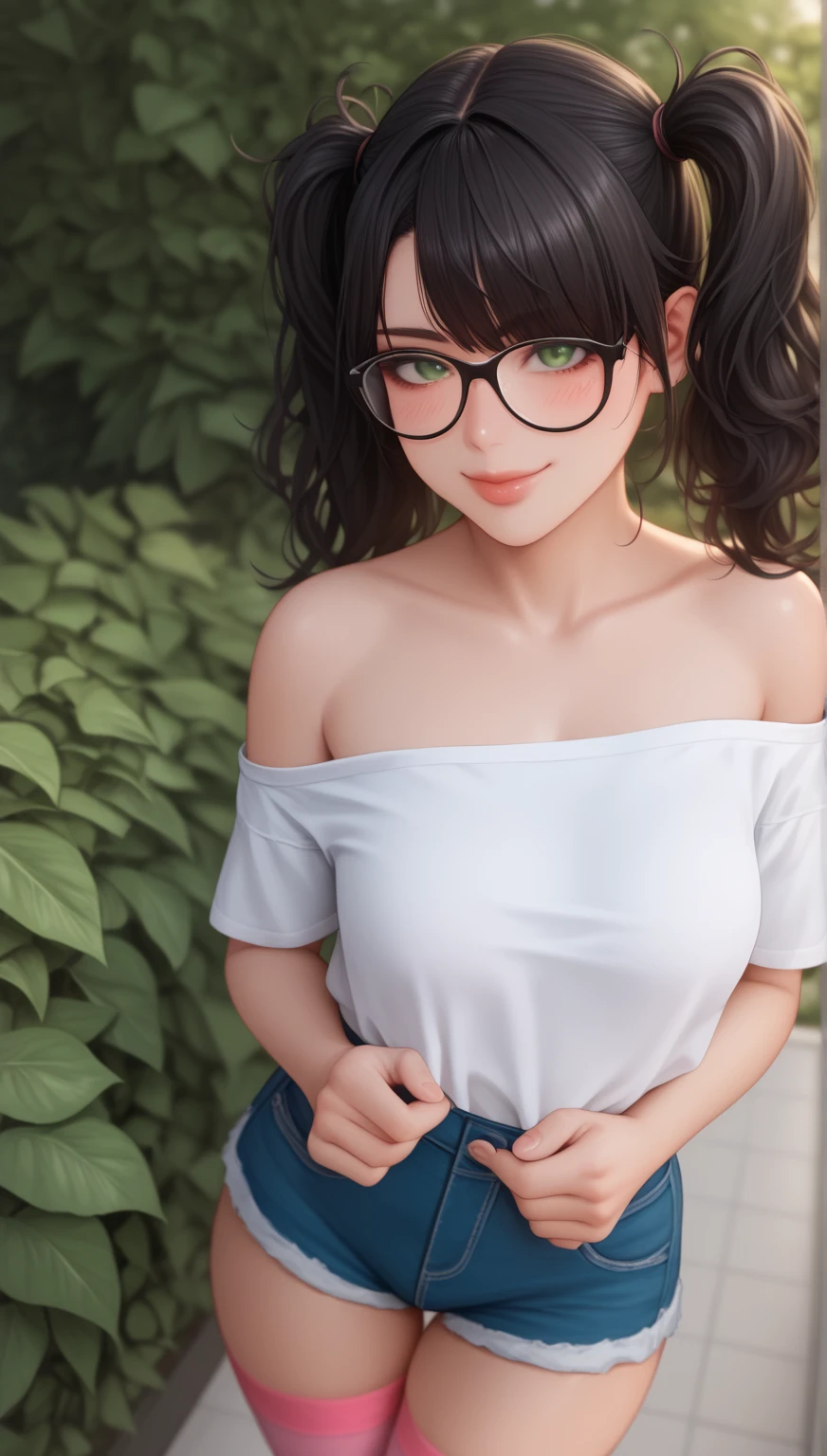 (best quality, masterpiece), 45yo beautiful milf,glasses,denim overalls,naked,side undercut hair,single bun hair,sneaker,(heavy makeup),(wrinkle),muscle,huge sagging breasts,necklace,in campground,hugging a ,smirk,absurdres