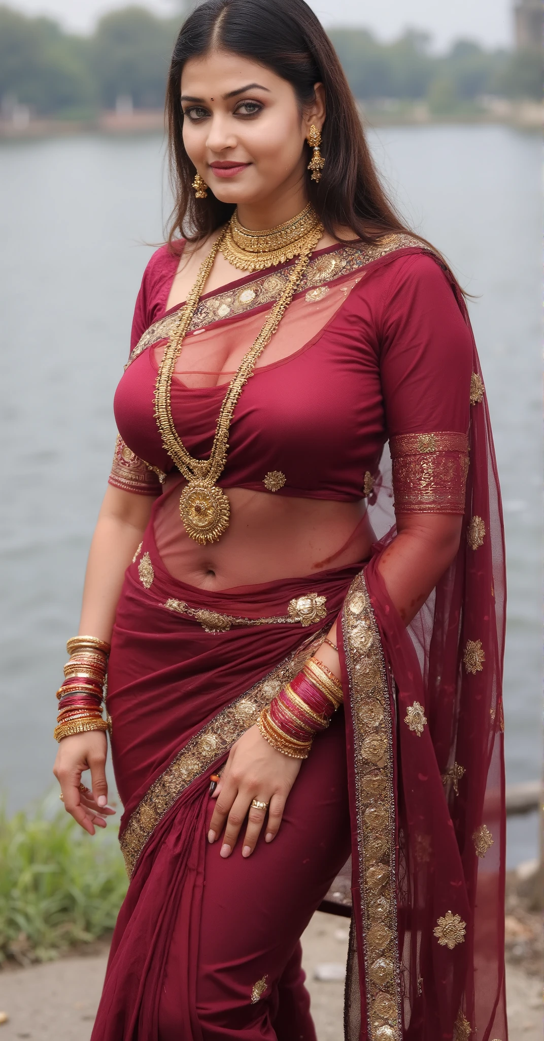 Full BODY SHOT , in MEHANDI HENNA ON BOTH HAND AND LEGS, many bangles in both hand,huge Earings,long Necklace of small gold and black beads and a big gold pendant on last, gold belly chain,very long nails,red sindur on head,clear deep cleavage, maroon shade lipstick ,near Lake ,desi village women ,saree vile on head , long hair,